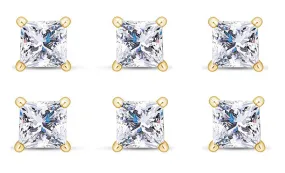 14k Yellow Gold Plated 6mm 4Ct Princess Cut White Sapphire Set Of Three Stud Earrings