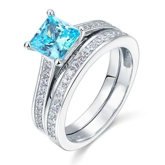 1.5 Carat Princess Cut 2-Pcs Fancy Blue Created Zirconia 925 Sterling Silver Wedding Engagement Ring Set MXFR8196S