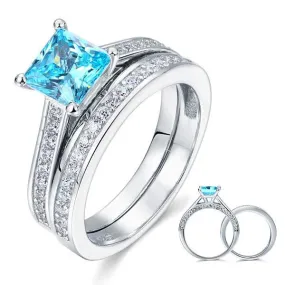 1.5 Carat Princess Cut 2-Pcs Fancy Blue Created Zirconia 925 Sterling Silver Wedding Engagement Ring Set MXFR8196S