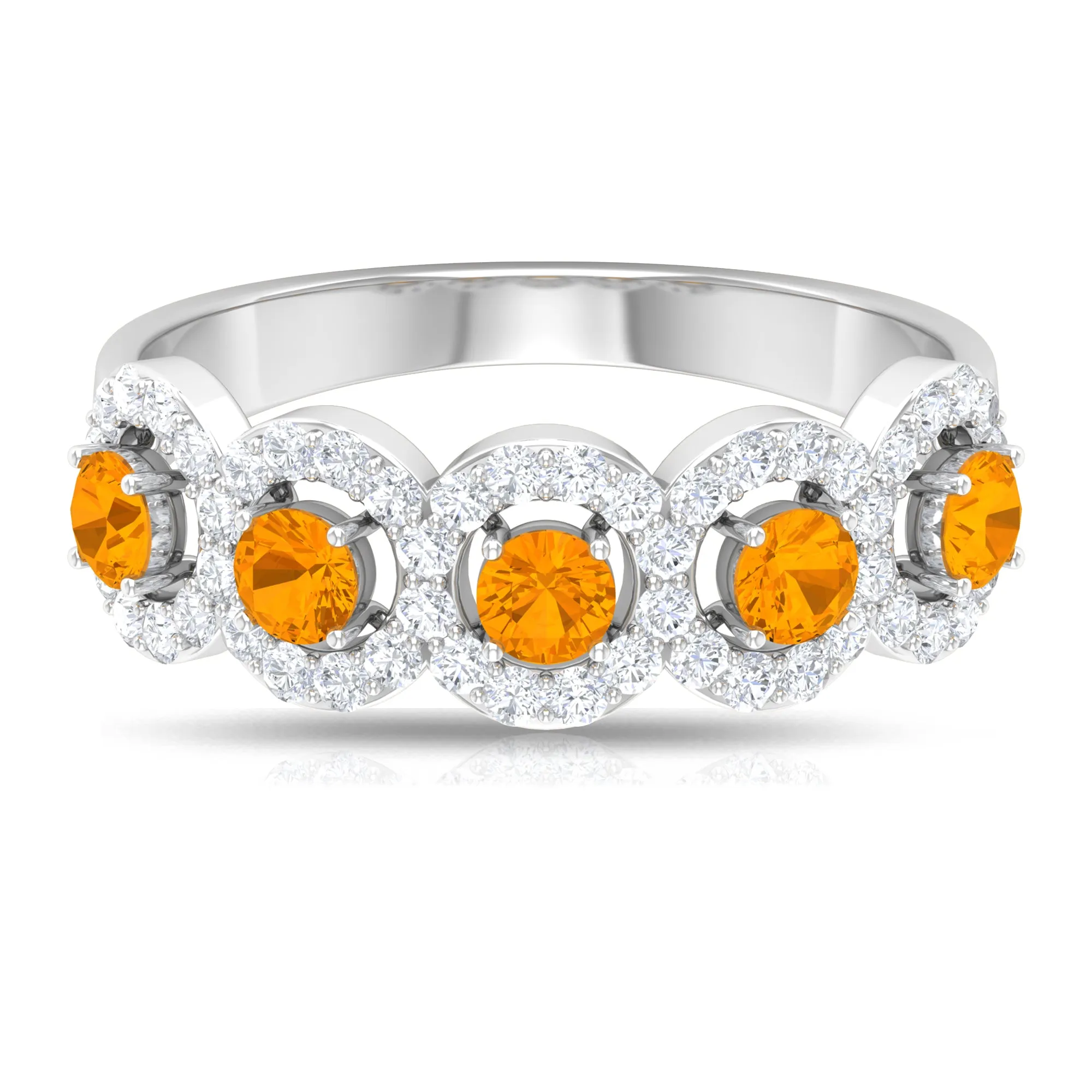 1.50 CT Round Shape Orange Sapphire and Diamond Halo Classic Half Eternity Ring