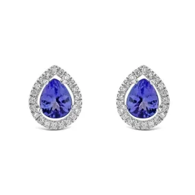 18ct White Gold Pear Cut Tanzanite & Diamond Halo Cluster Earrings