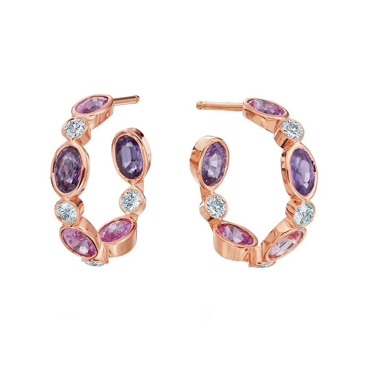 18K Rose Gold Diamond Sapphire Hoop Earrings