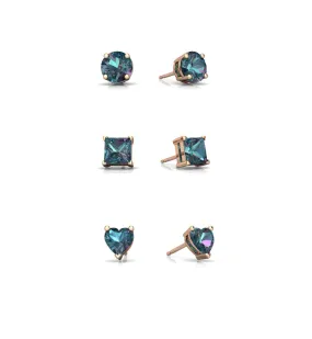 18k Rose Gold Plated 3Cttw 8mm Created Alexandrite 3 Pair Round, Square and Heart Stud Earrings