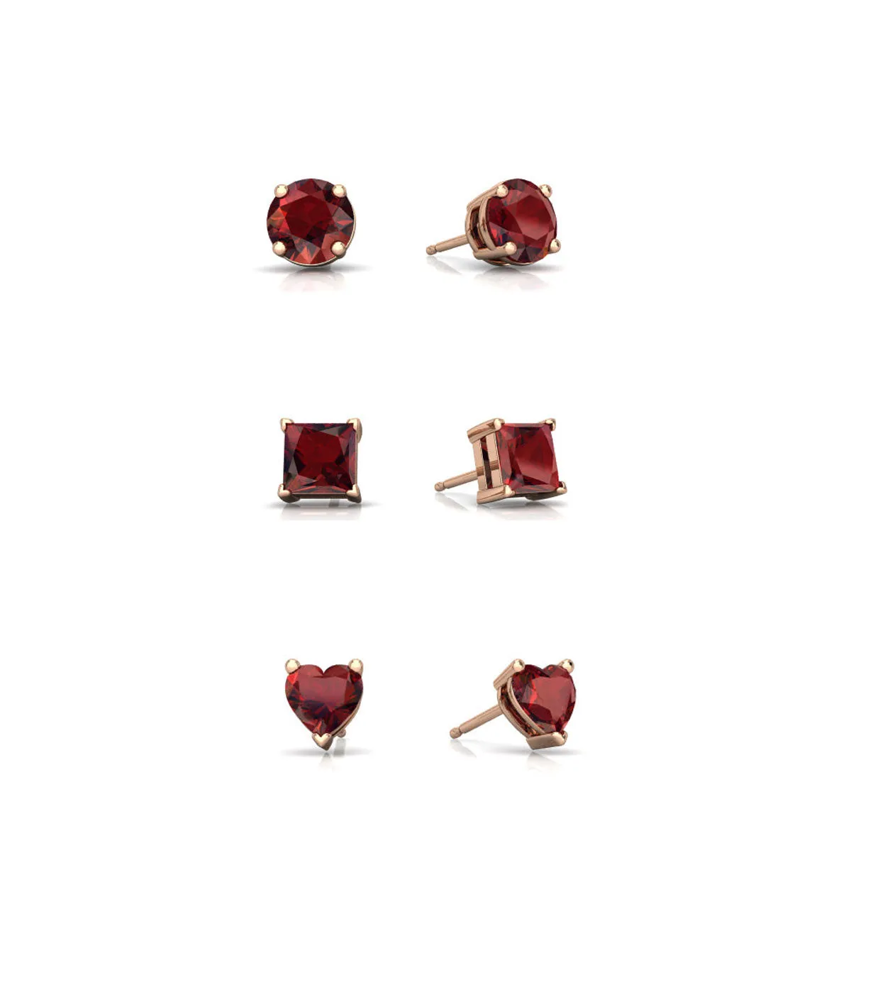 18k Rose Gold Plated 6mm Created Garnet 3 Pair Round, Square and Heart Stud Earrings