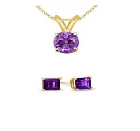 18K Yellow Gold 2ct Amethyst Round 18 Inch Necklace and Square Earrings Set Plated