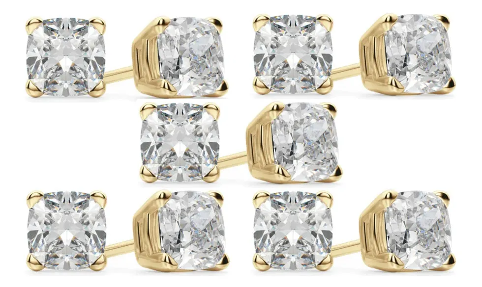 18k Yellow Gold 6mm 1/2Ct Cushion Cut White Sapphire Set Of Five Stud Earrings Plated