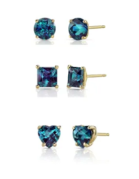 18k Yellow Gold Plated 1Cttw 7mm Created Alexandrite 3 Pair Round, Square and Heart Stud Earrings