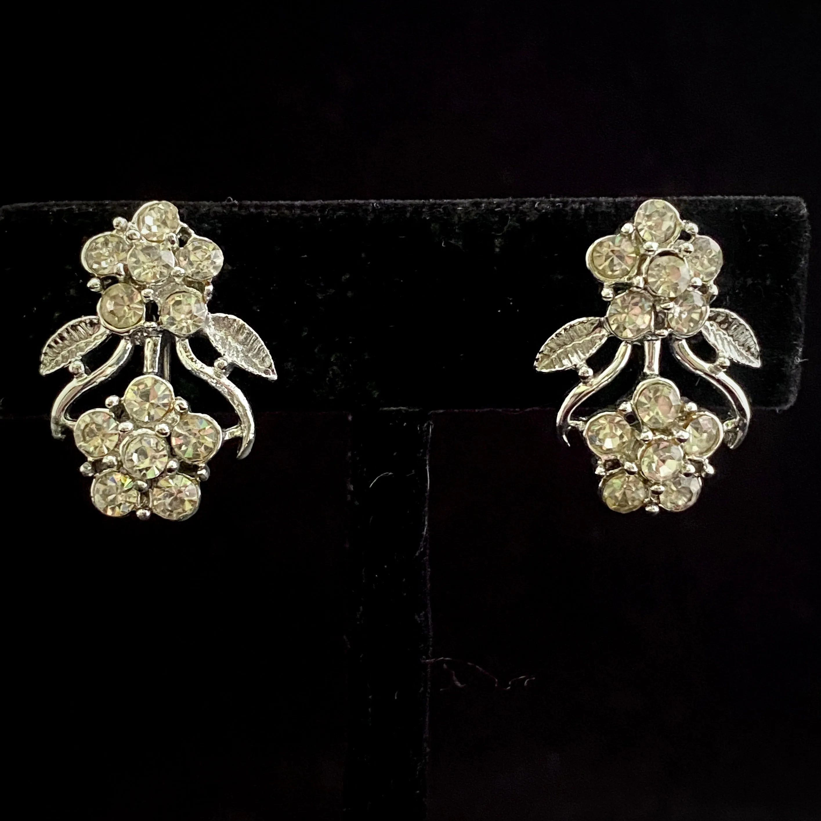 1960s Coro Silver Rhinestone Flower Earrings