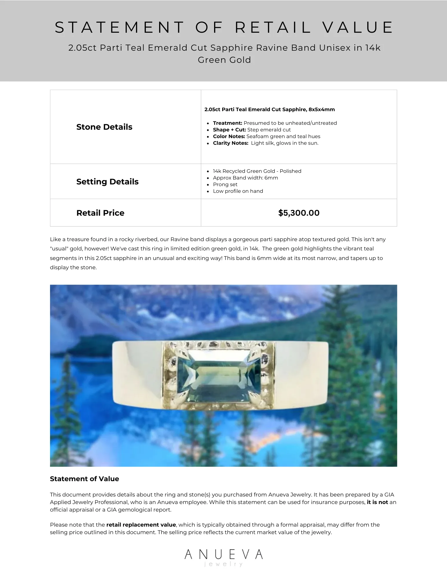 2.05ct Parti Teal Emerald Cut Sapphire Ravine Band Unisex in 14k Green Gold