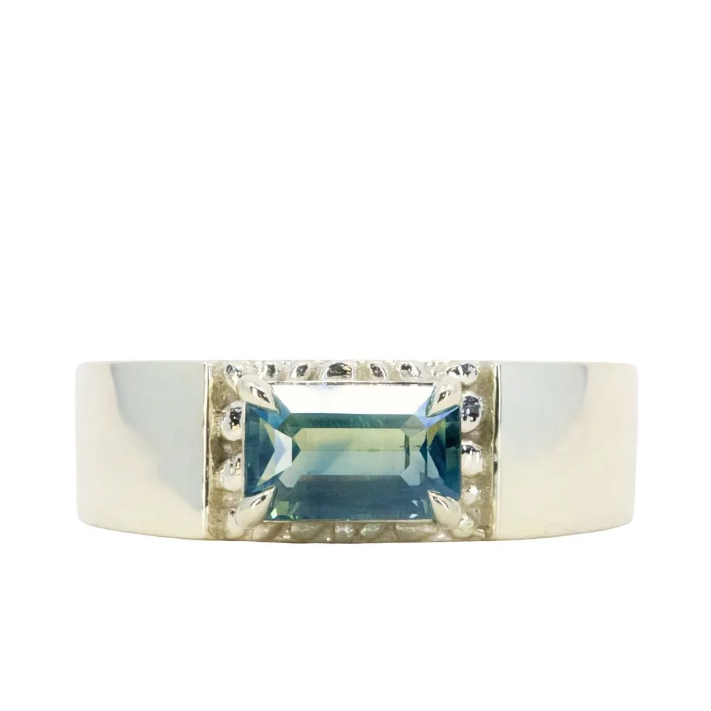 2.05ct Parti Teal Emerald Cut Sapphire Ravine Band Unisex in 14k Green Gold