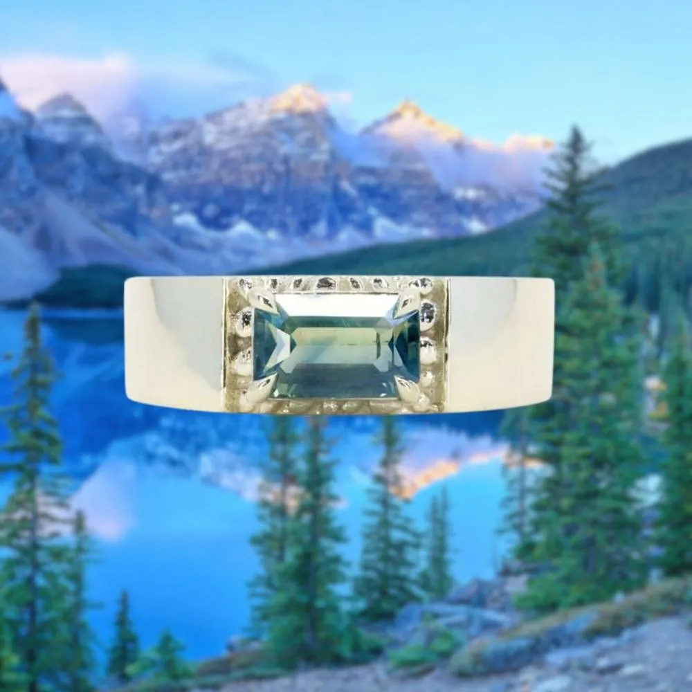 2.05ct Parti Teal Emerald Cut Sapphire Ravine Band Unisex in 14k Green Gold