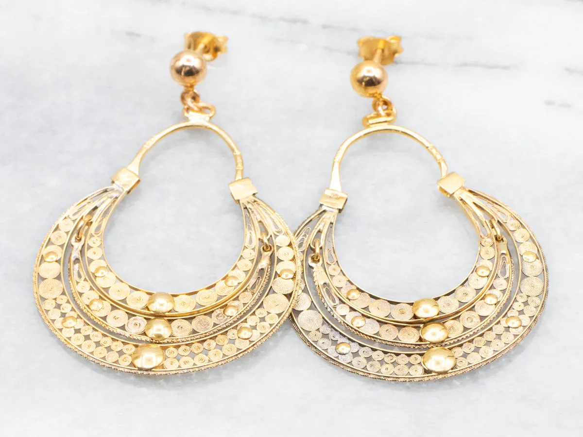 22K Gold Triple Crescent Filigree Drop Earrings