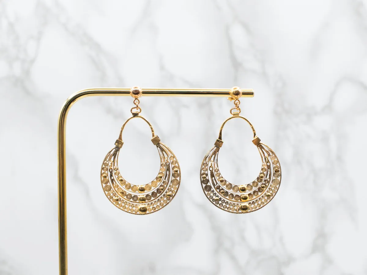 22K Gold Triple Crescent Filigree Drop Earrings