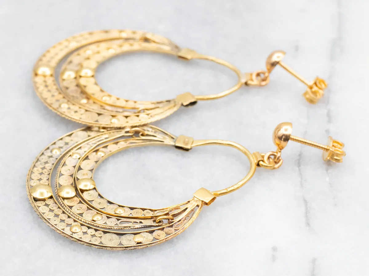 22K Gold Triple Crescent Filigree Drop Earrings