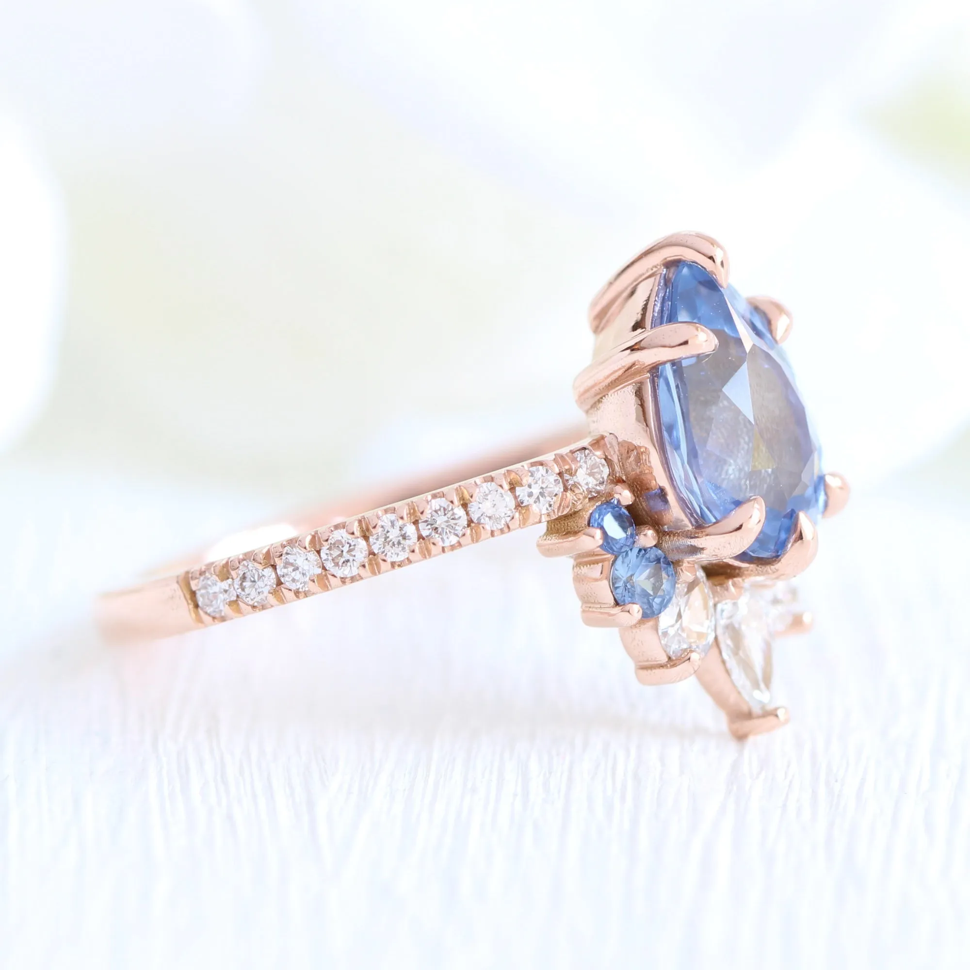 2.30 Ct Pear Aqua Blue Sapphire Ring in 14k Rose Gold Peacock Ring, Size 6.25