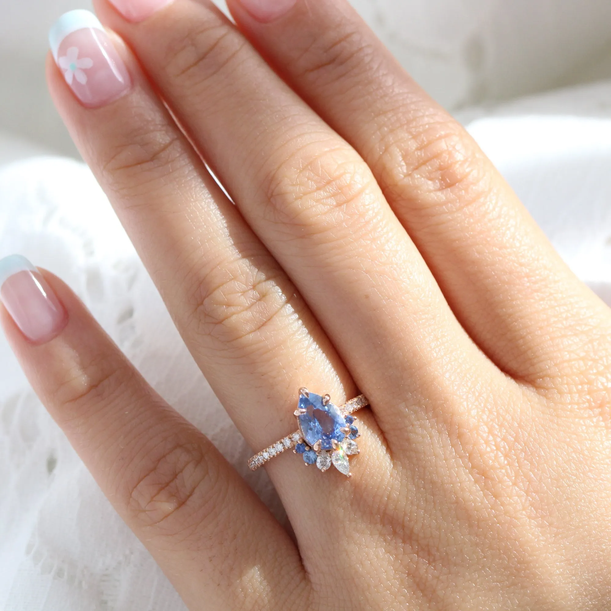 2.30 Ct Pear Aqua Blue Sapphire Ring in 14k Rose Gold Peacock Ring, Size 6.25