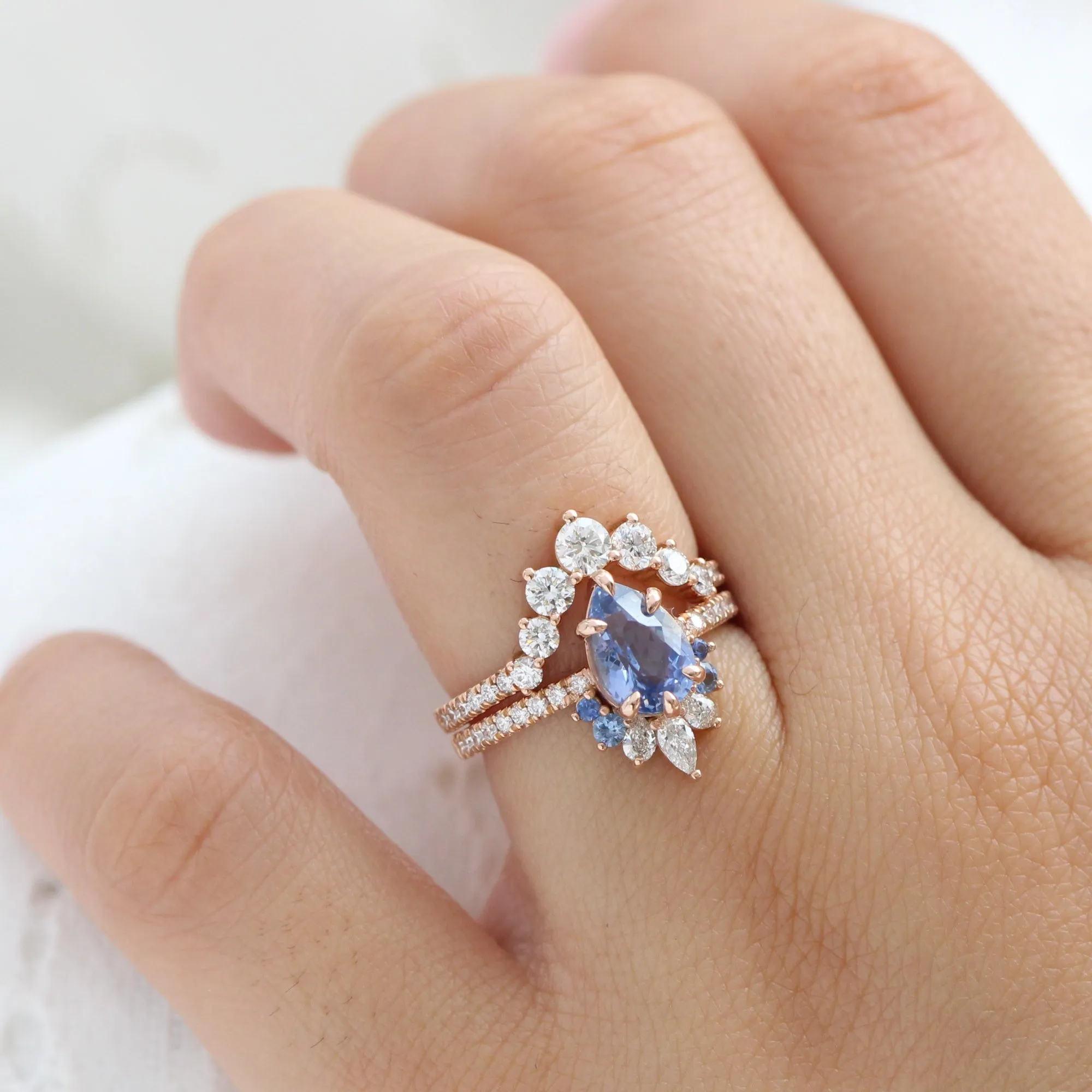 2.30 Ct Pear Aqua Blue Sapphire Ring in 14k Rose Gold Peacock Ring, Size 6.25