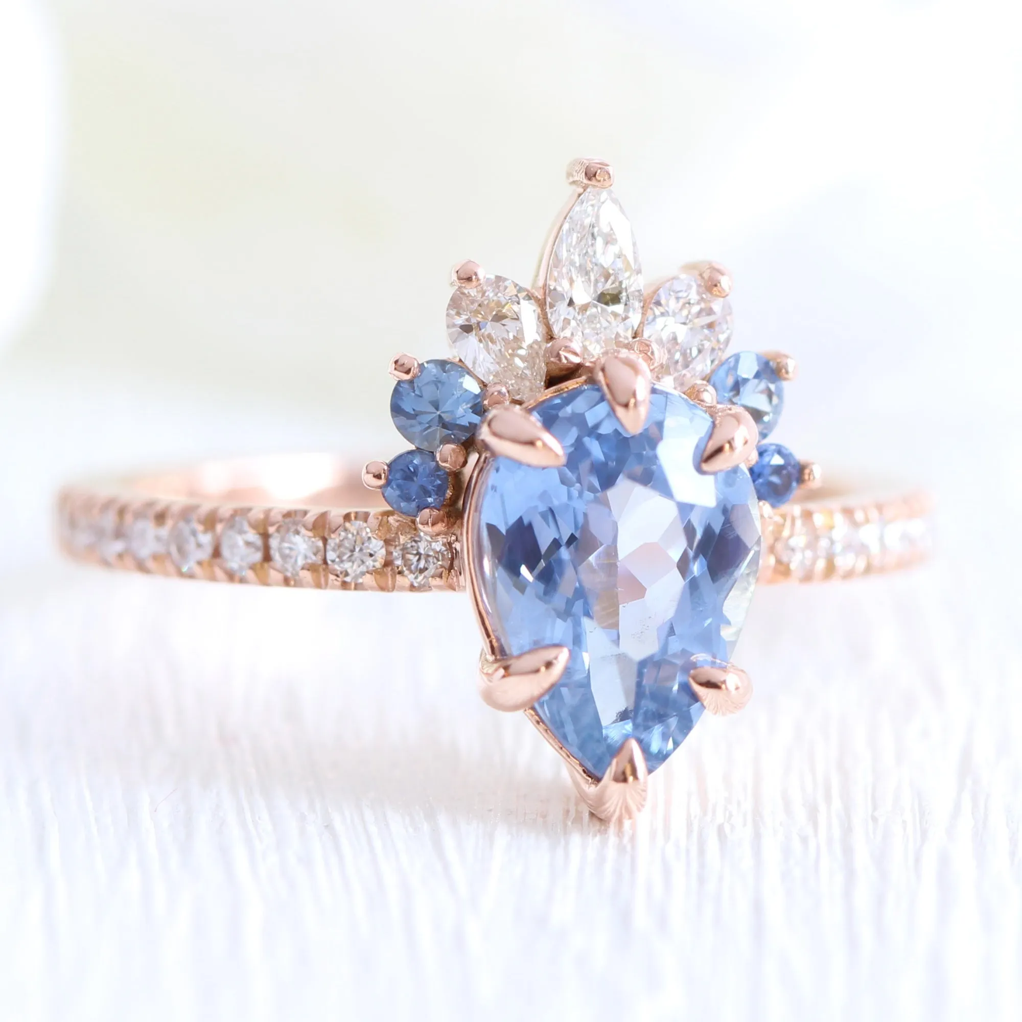 2.30 Ct Pear Aqua Blue Sapphire Ring in 14k Rose Gold Peacock Ring, Size 6.25