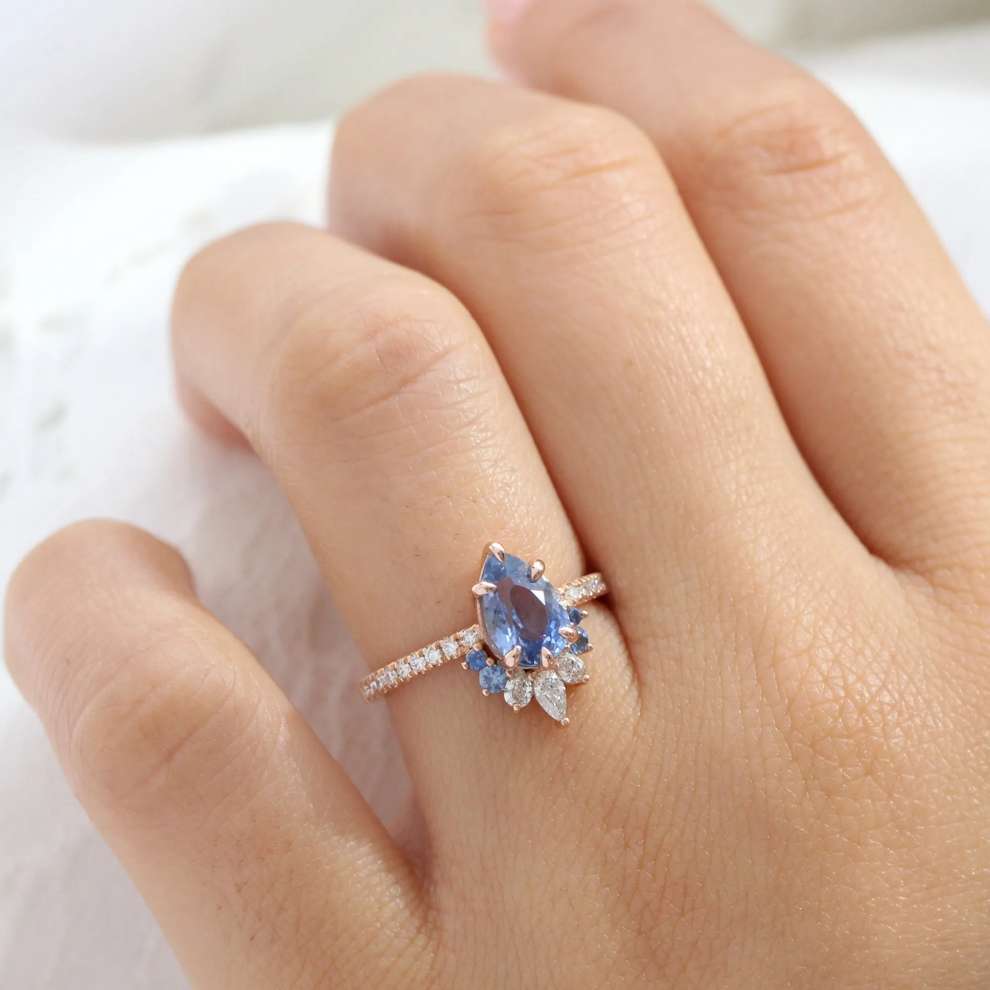 2.30 Ct Pear Aqua Blue Sapphire Ring in 14k Rose Gold Peacock Ring, Size 6.25