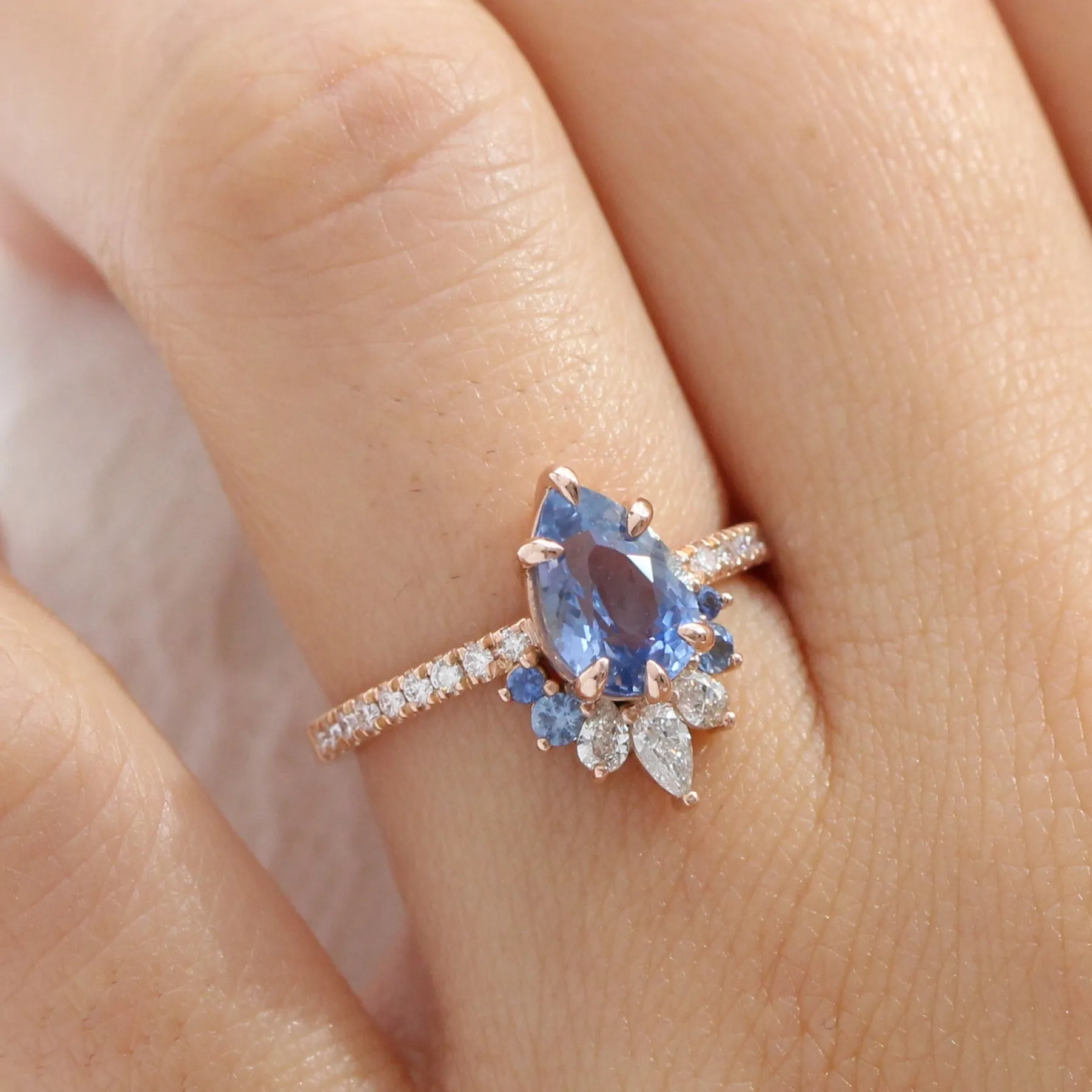 2.30 Ct Pear Aqua Blue Sapphire Ring in 14k Rose Gold Peacock Ring, Size 6.25