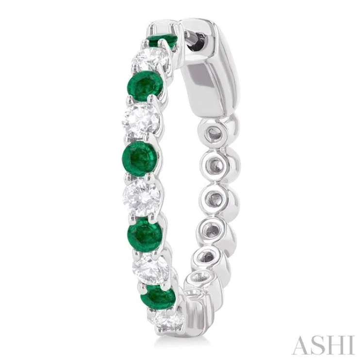 5/8 ctw Round 2.4MM Emerald and Round Cut Diamond Precious Hoop Earring in 14K White Gold