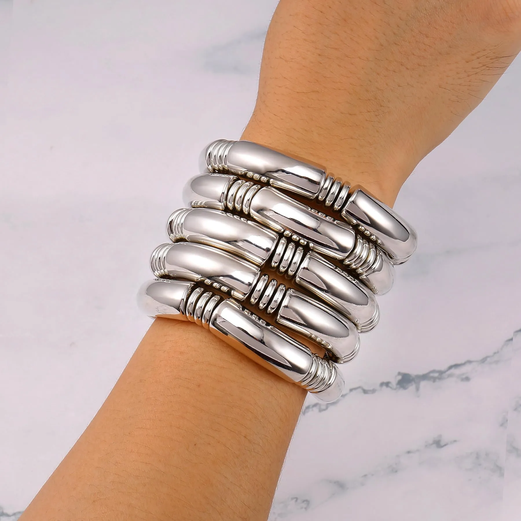 5pcs Silver Chunky Bangles Bracelets For Women Stack Layered Curved Bamboo Tube Stretch Bracelets Gift Jewelry