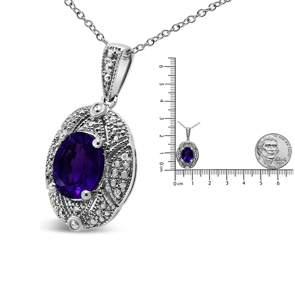 .925 Sterling Silver Diamond Accent and 9x7mm Purple Oval Amethyst Gemstone Pendant 18" Necklace