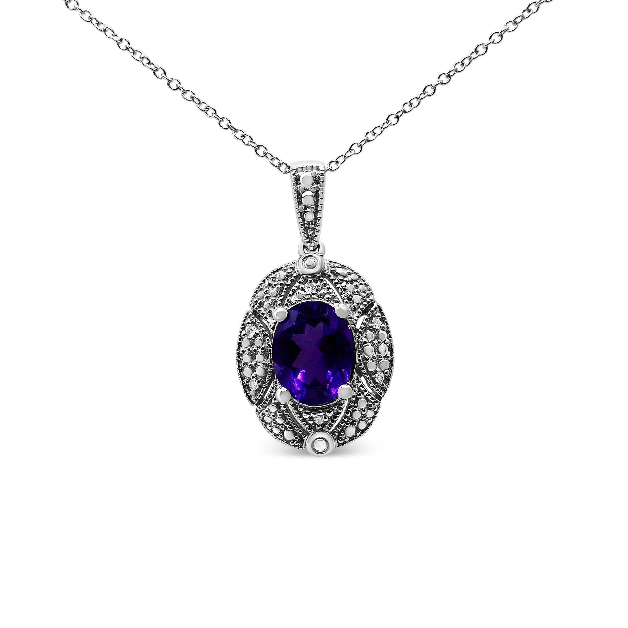 .925 Sterling Silver Diamond Accent and 9x7mm Purple Oval Amethyst Gemstone Pendant 18" Necklace