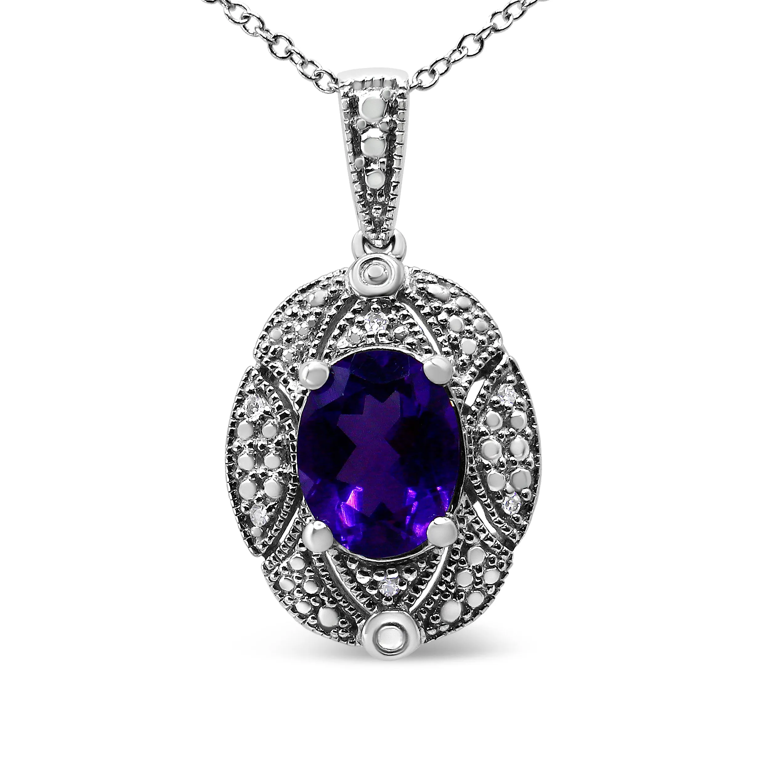 .925 Sterling Silver Diamond Accent and 9x7mm Purple Oval Amethyst Gemstone Pendant 18" Necklace