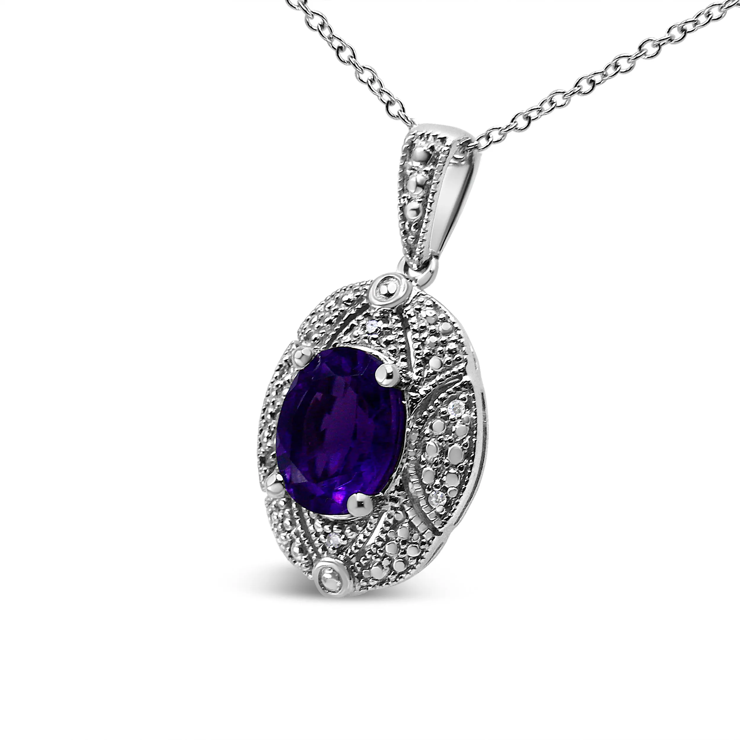 .925 Sterling Silver Diamond Accent and 9x7mm Purple Oval Amethyst Gemstone Pendant 18" Necklace