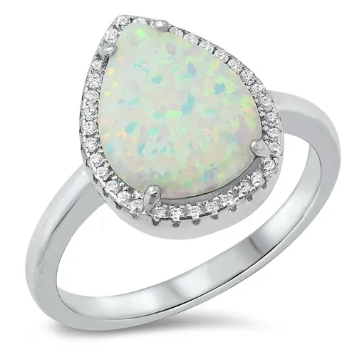 925 Sterling Silver Opal Ring -  Teardrop With CZs