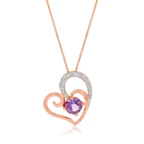 9ct Rose Amethyst and Diamond Heart Pendant on 45cm Chain