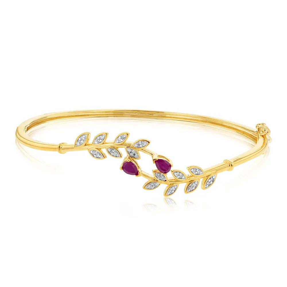 9ct Yellow Gold Diamond And Created Ruby Bangle