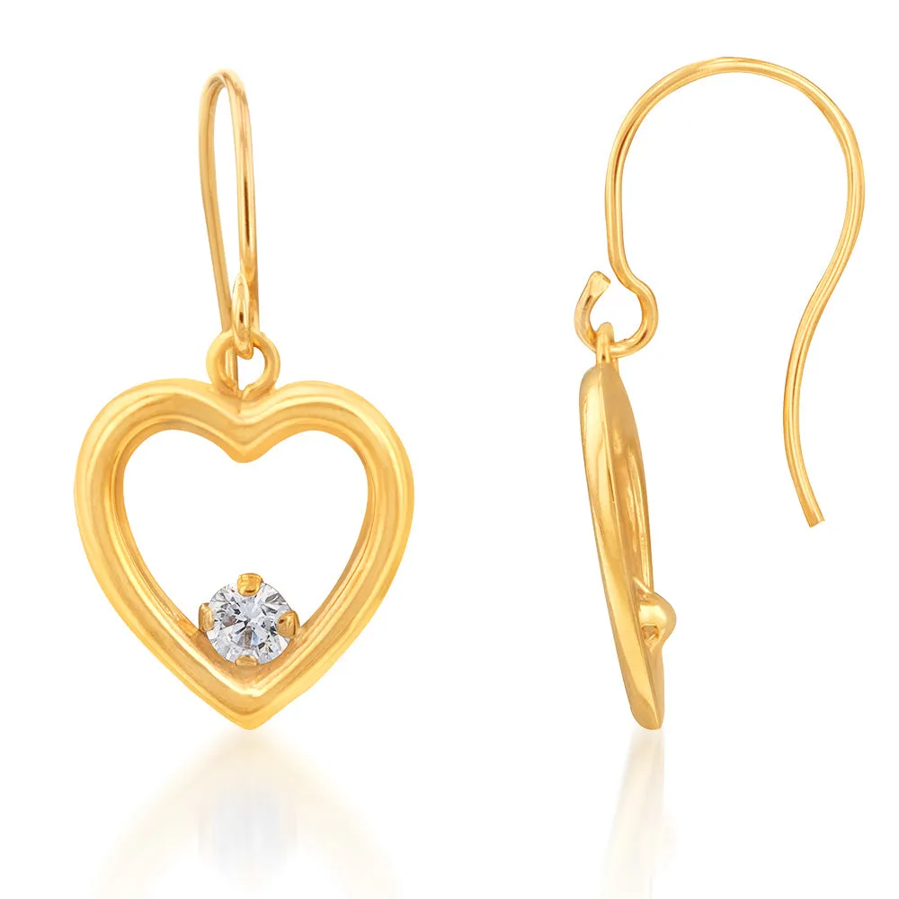 9ct Yellow Gold Zirconia Open Heart Hook Drop Earrings