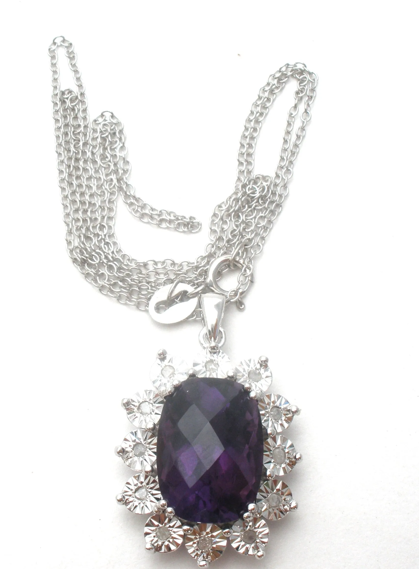 Amethyst & Diamond Necklace 18" Sterling Silver