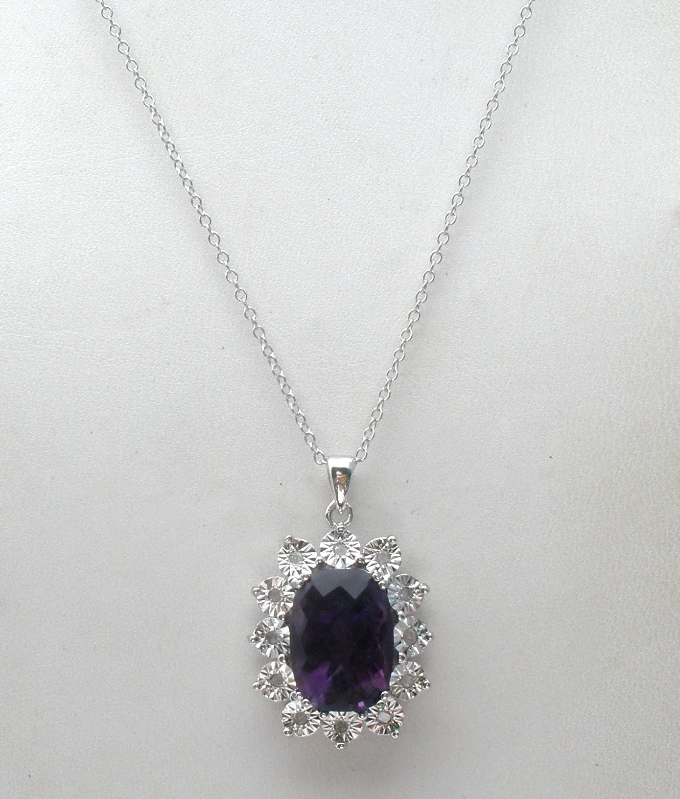 Amethyst & Diamond Necklace 18" Sterling Silver