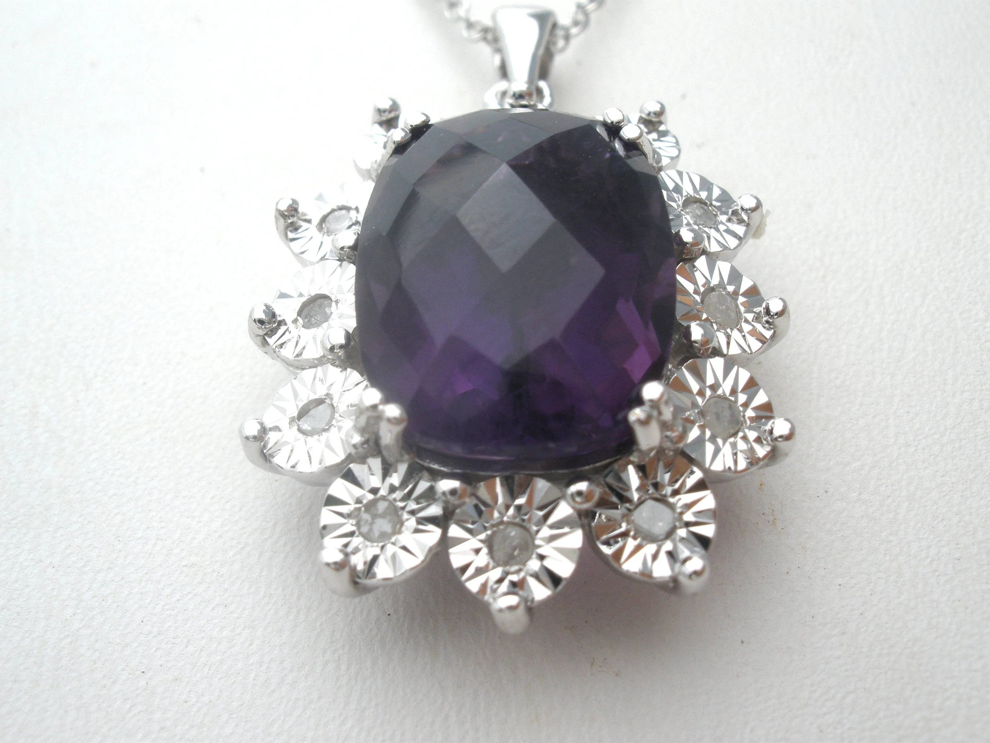 Amethyst & Diamond Necklace 18" Sterling Silver