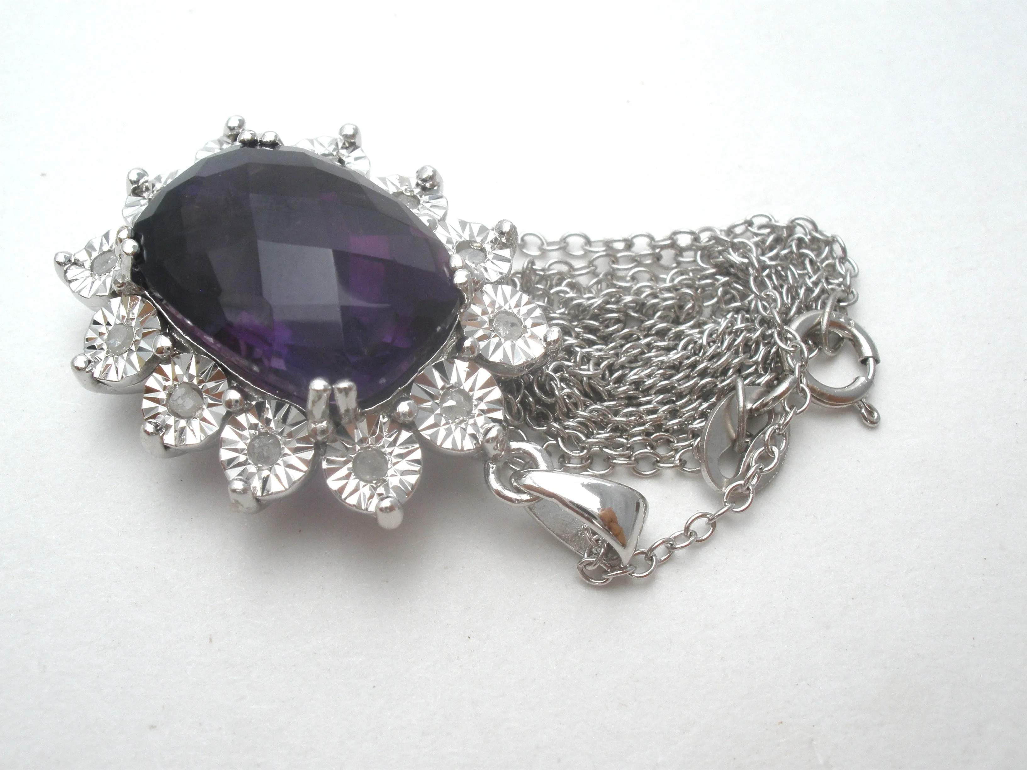 Amethyst & Diamond Necklace 18" Sterling Silver