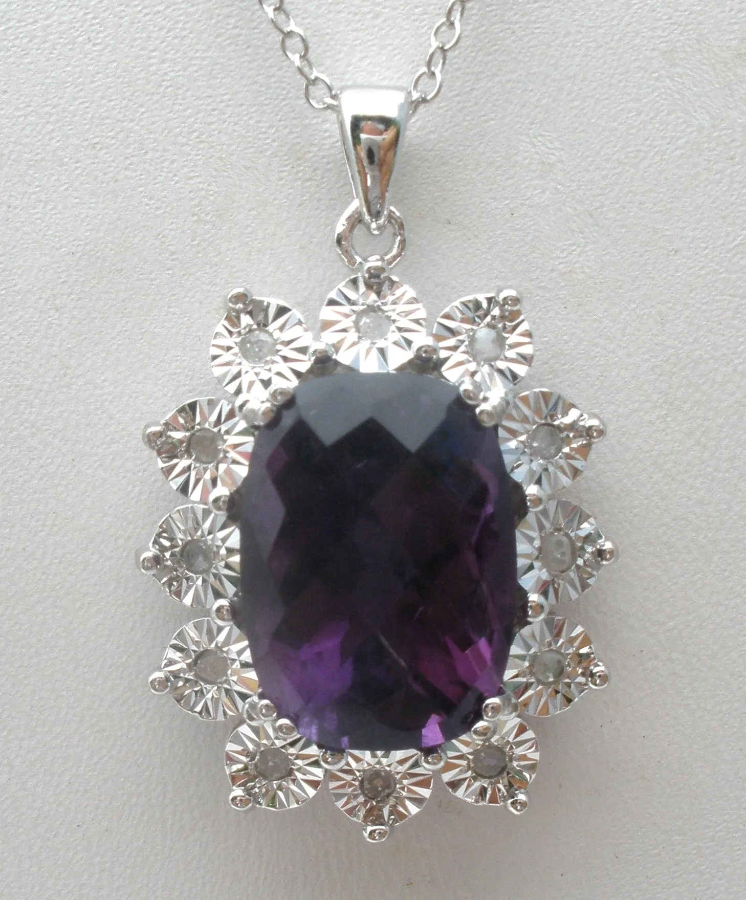 Amethyst & Diamond Necklace 18" Sterling Silver