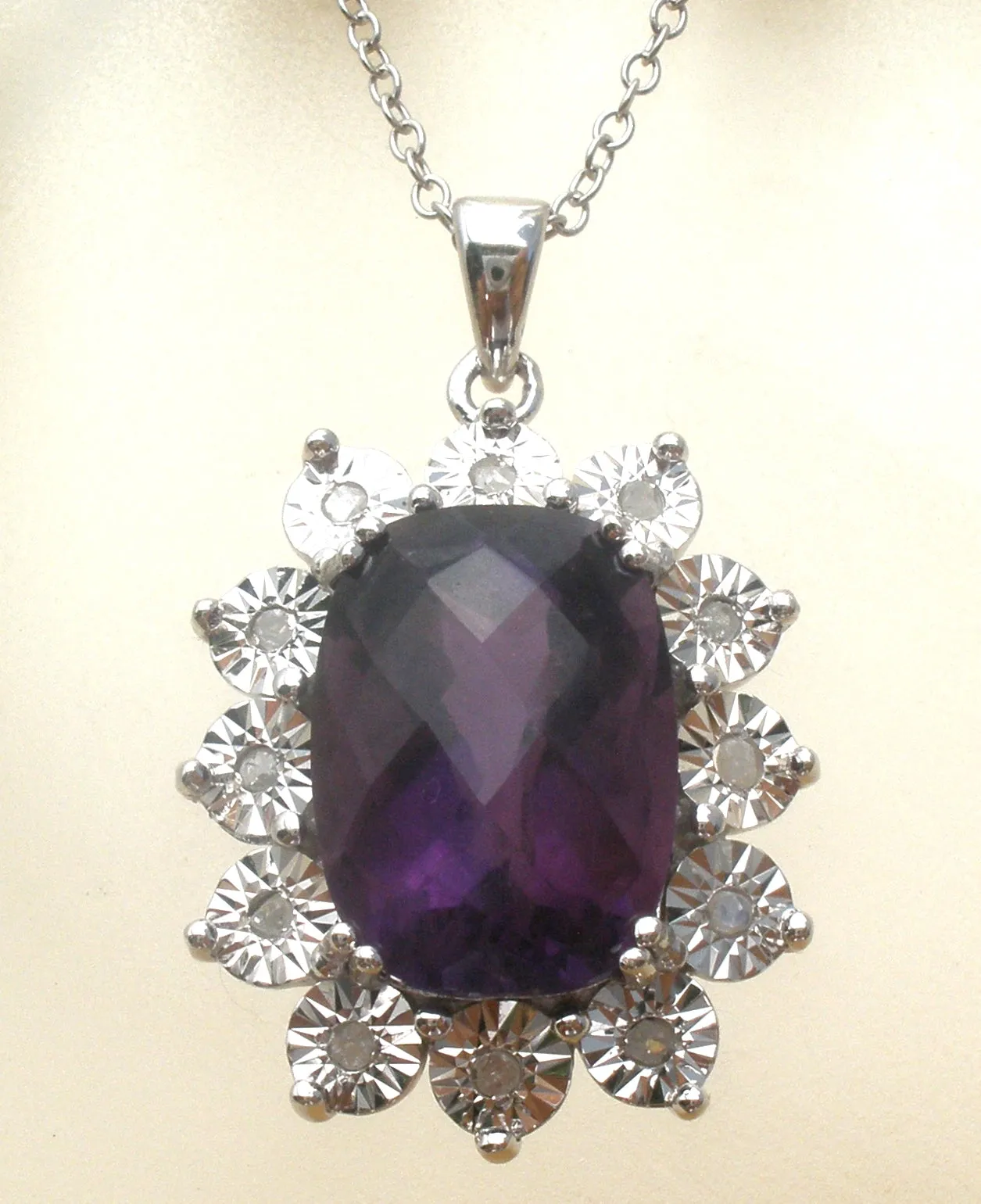 Amethyst & Diamond Necklace 18" Sterling Silver