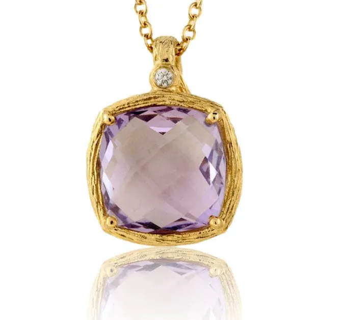 Amethyst and Diamond Textured Gold Necklace