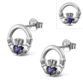 Amethyst CZ Claddagh Stud Silver Earrings