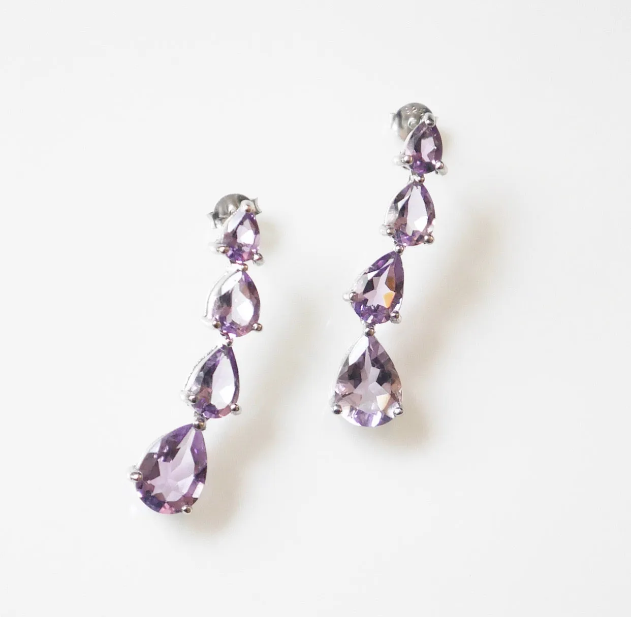 Amethyst Earrings, Pear Shape .925 Sterling Silver Natural Stone Statement Drop Earrings