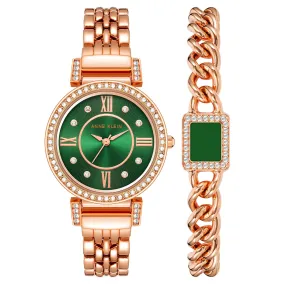 Anne Klein Rose Gold Band Green Dial Women's Watch & Bracelet Set - AK2928GNST