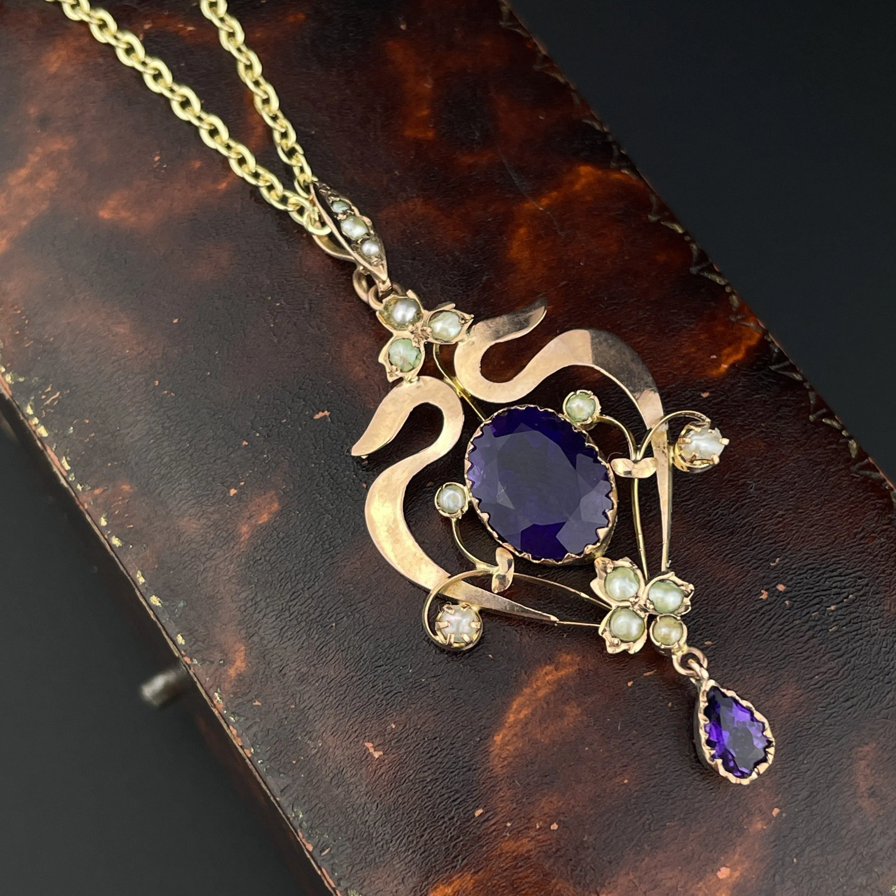 Antique Art Nouveau Amethyst Seed Pearl Lavaliere Pendant Necklace