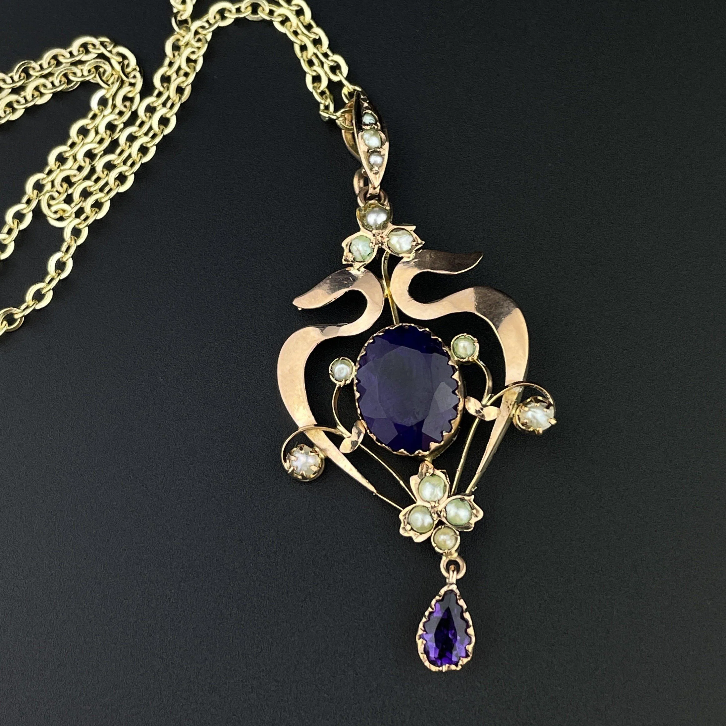 Antique Art Nouveau Amethyst Seed Pearl Lavaliere Pendant Necklace