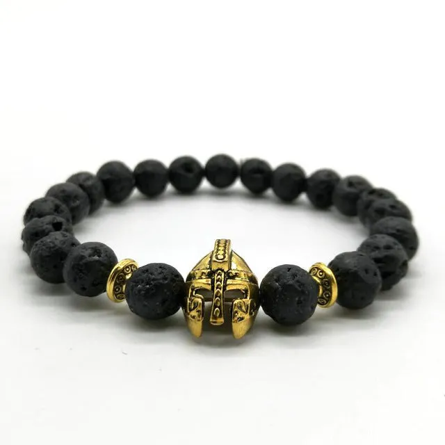 Antique Gold Roman Knight Spartan Warrior Gladiator Helmet Bracelet Men Black Matte Lava Stone Bead Bracelets For Men Jewelry