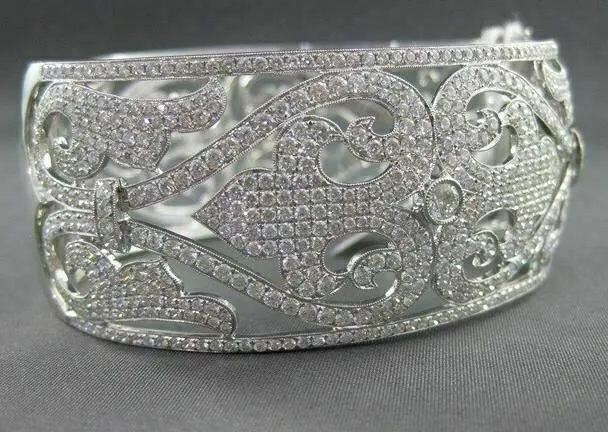 ANTIQUE LARGE FLEUR DE LIS 8.04CT DIAMOND 18KT W GOLD BANGLE BRACELET#G00124