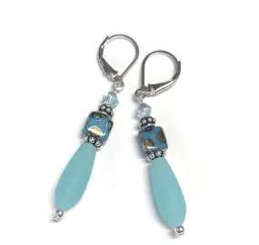 Aqua Matte Glass and Peacock Bead Earrings