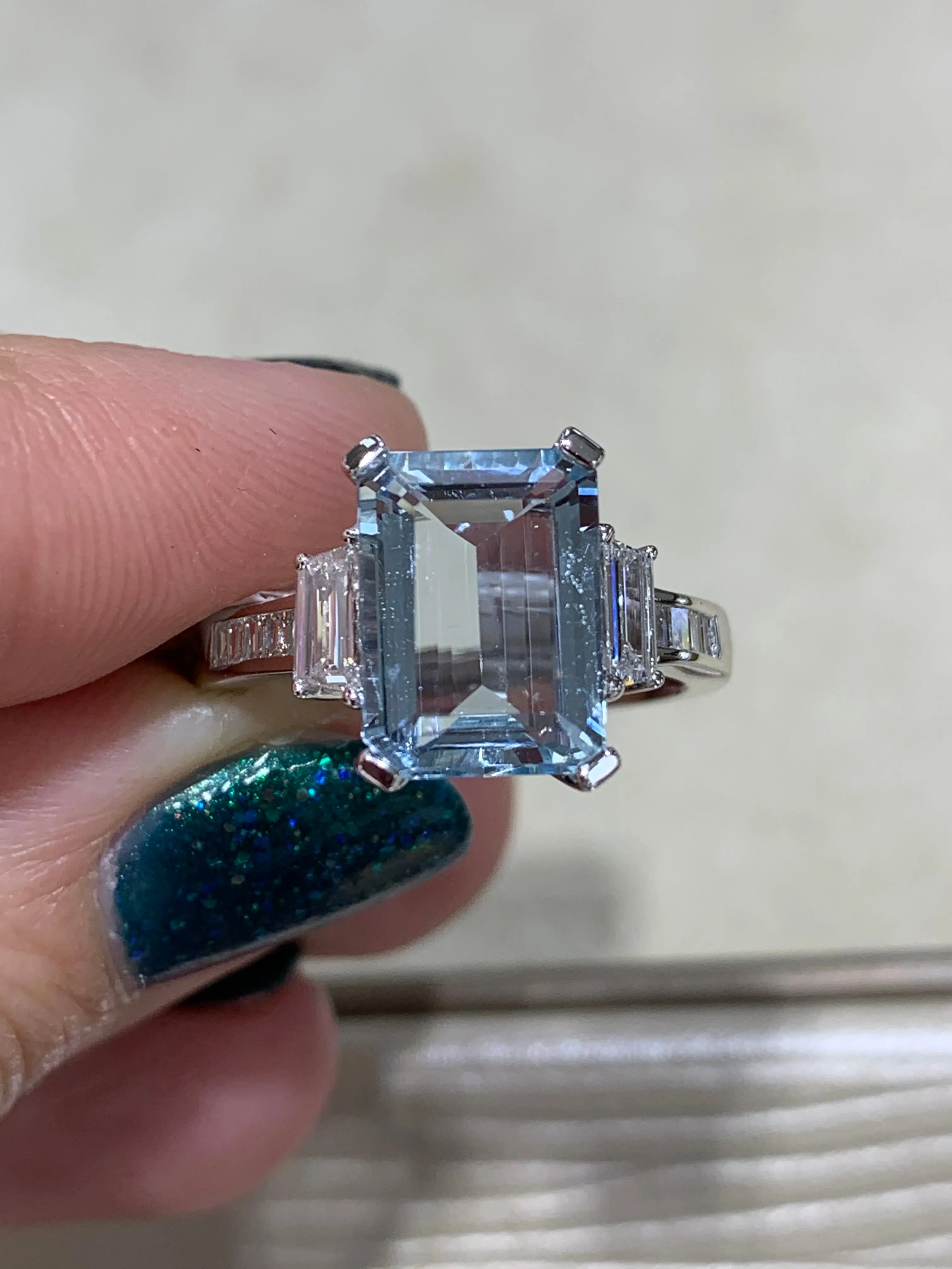 Aquamarine Trapeze Diamond Ring